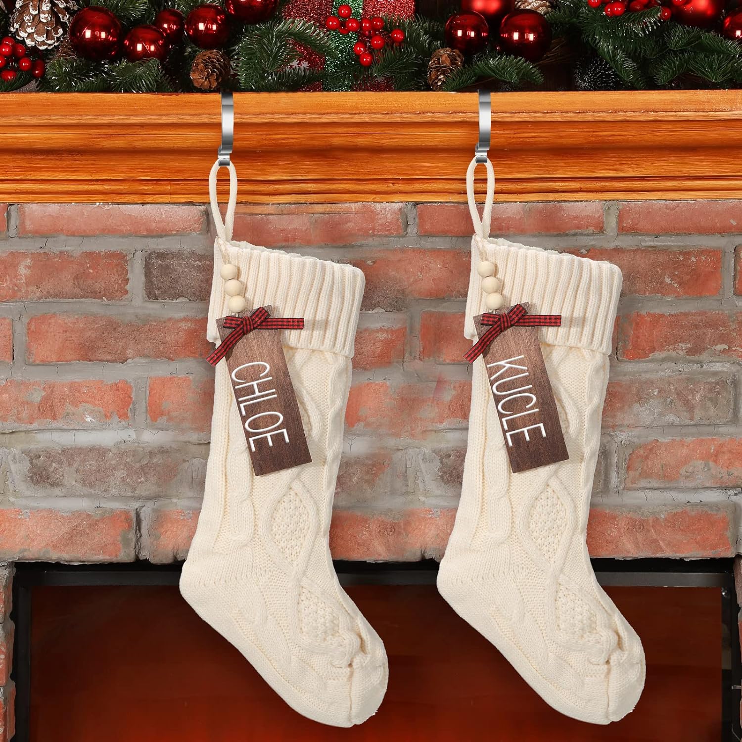 2 Sets Christmas Stockings Xmas Knitted Stockings Kit 18 inch Large Knit Xmas Stocking Metal Stocking Holder and Name Tags with Marker Pen for Family Holiday Xmas Party Fireplace Mantel Decor (Ivory)