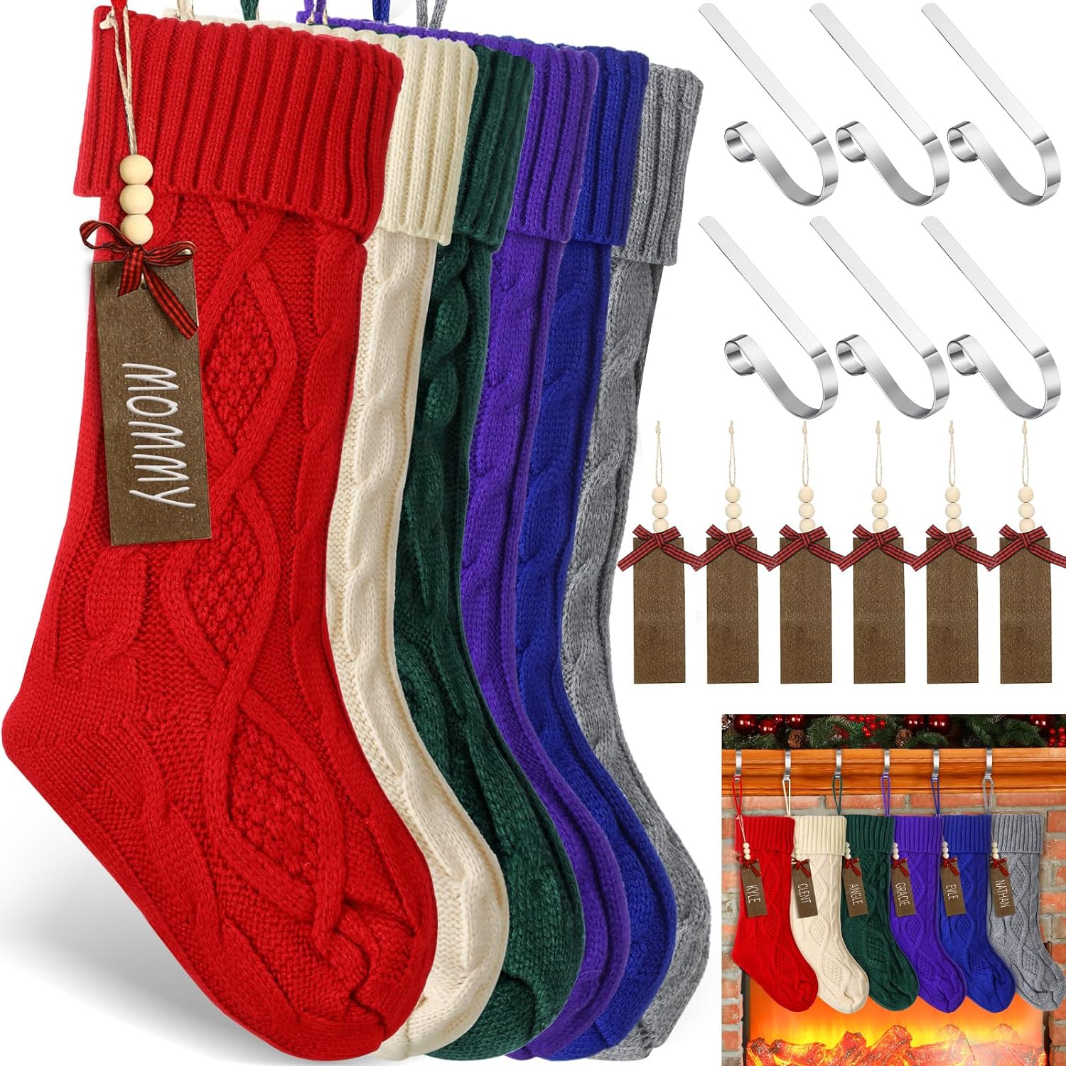 Zubebe 6 Sets 18 in Knitted Christmas Stockings Kit, Metal Stocking Holder and Name Tags Large Knit Xmas Stocking with Marker Pen for Family Holiday Xmas Party Fireplace Mantel Decor (Multicolor)