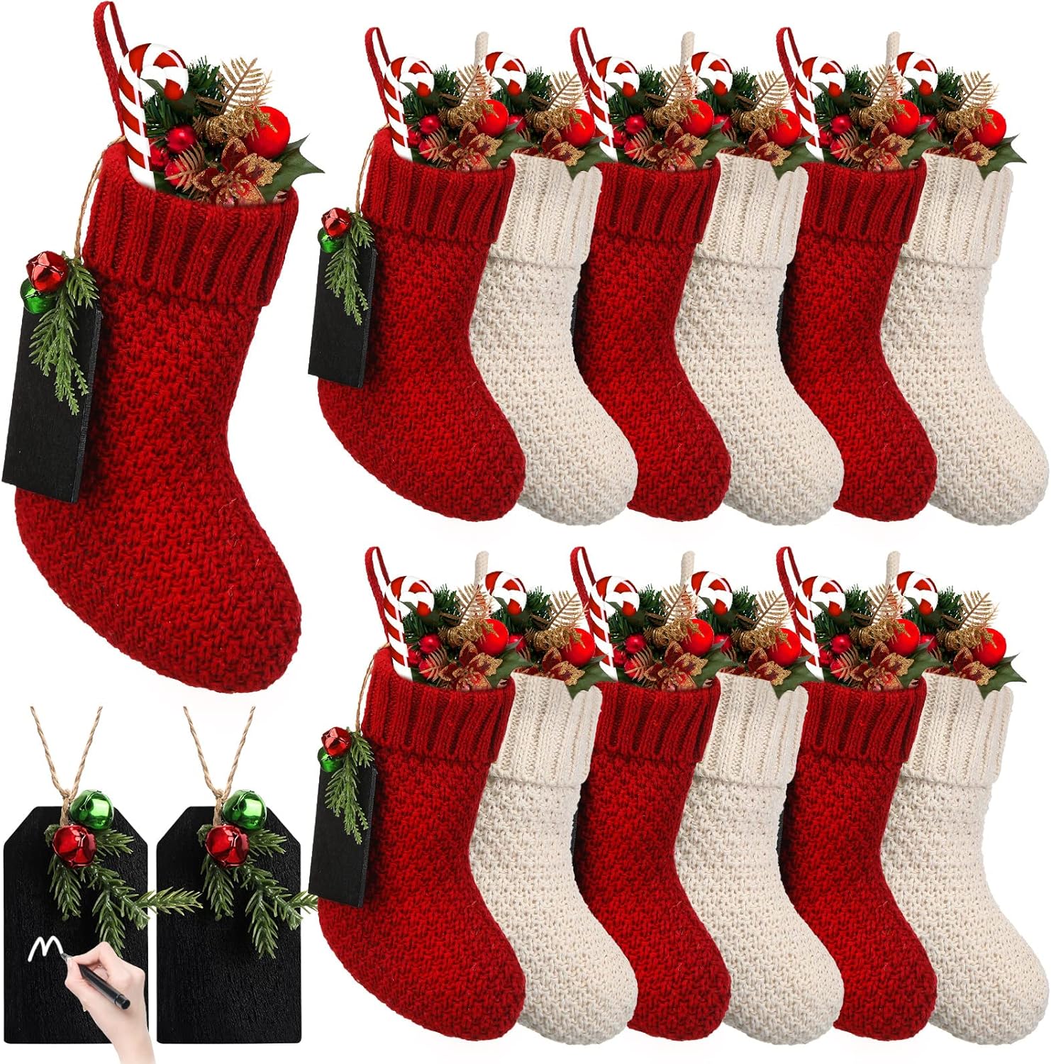 Zubebe 12 Pieces Christmas Mini Stockings Knitted Xmas Stocking Rustic with 12 Pieces Name Tags Family Xmas Fireplace Hanging Stockings Holiday Decorations Stockings, Red, Ivory