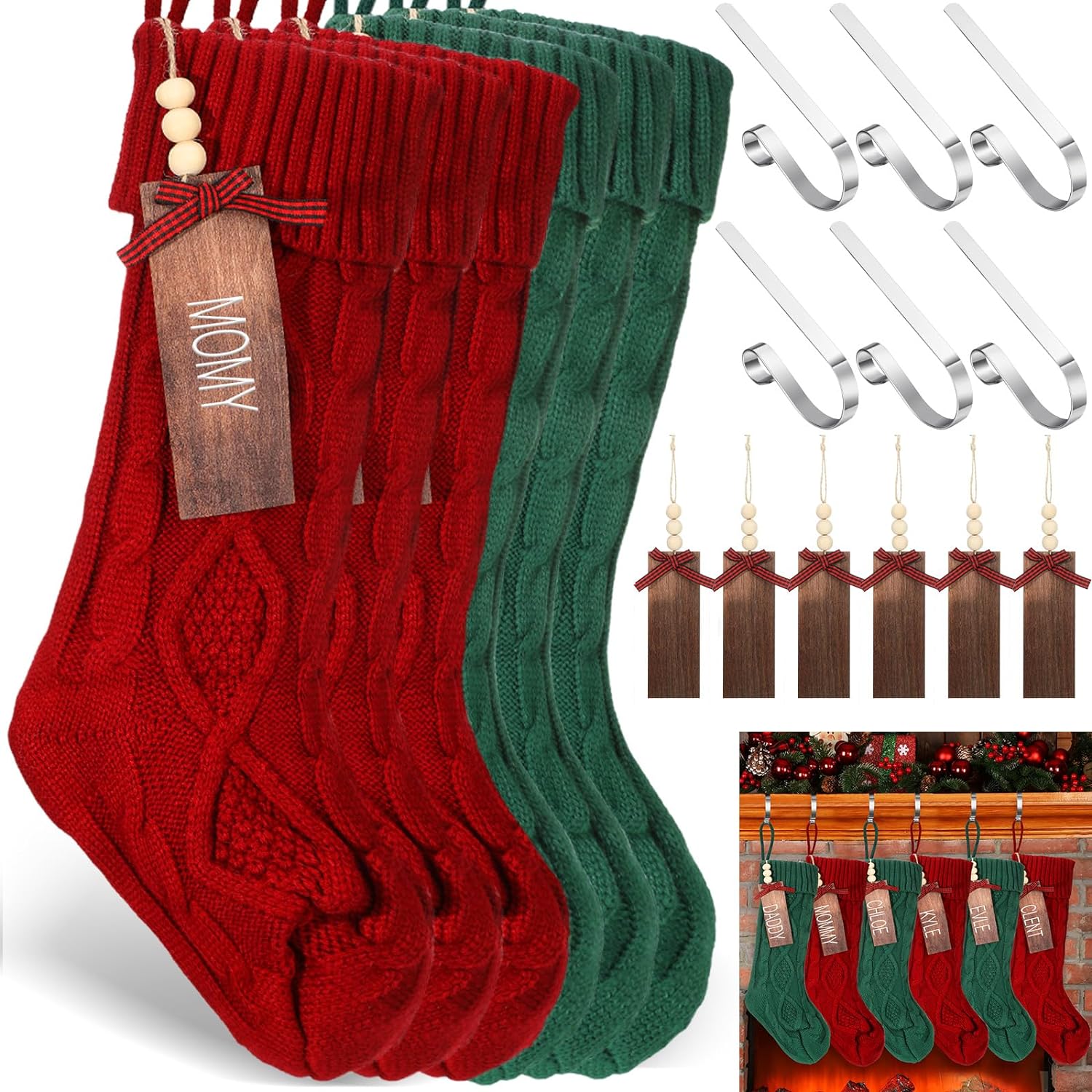 Zubebe 6 Sets 18 in Knitted Christmas Stockings Kit, Metal Stocking Holder and Name Tags Large Knit Xmas Stocking with Marker Pen for Family Holiday Xmas Party Fireplace Mantel Decor (Red, Green)