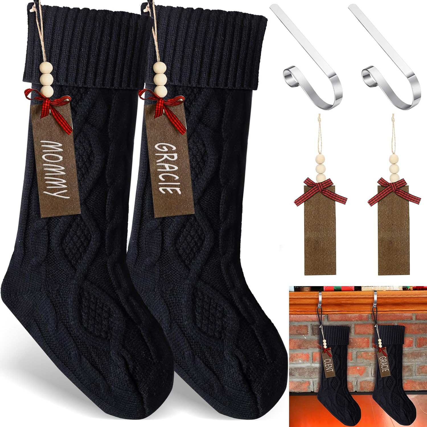 Zubebe 2 Sets Christmas Stockings Xmas Knitted Stockings Kit 18 inch Large Knit Xmas Stocking Metal Stocking Holder and Name Tags with Marker Pen for Family Holiday Xmas Party Fireplace (Black)