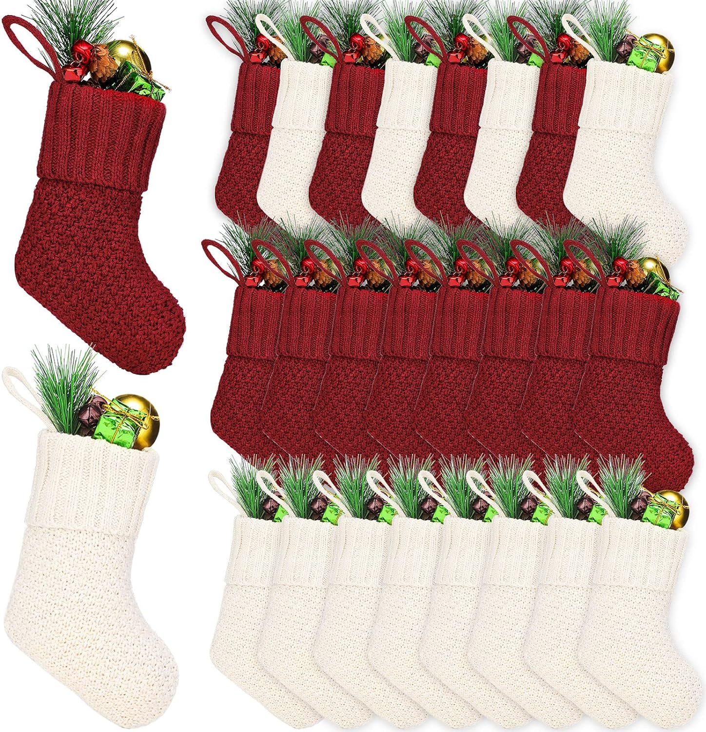 Zubebe 24 Pcs 7 Inch Knit Christmas Stockings Christmas Mini Stockings Rustic Stocking Decorations Knit Farmhouse Cable Knit Xmas Stocking Hanging Christmas Tree Ornament (Burgundy Ivory)