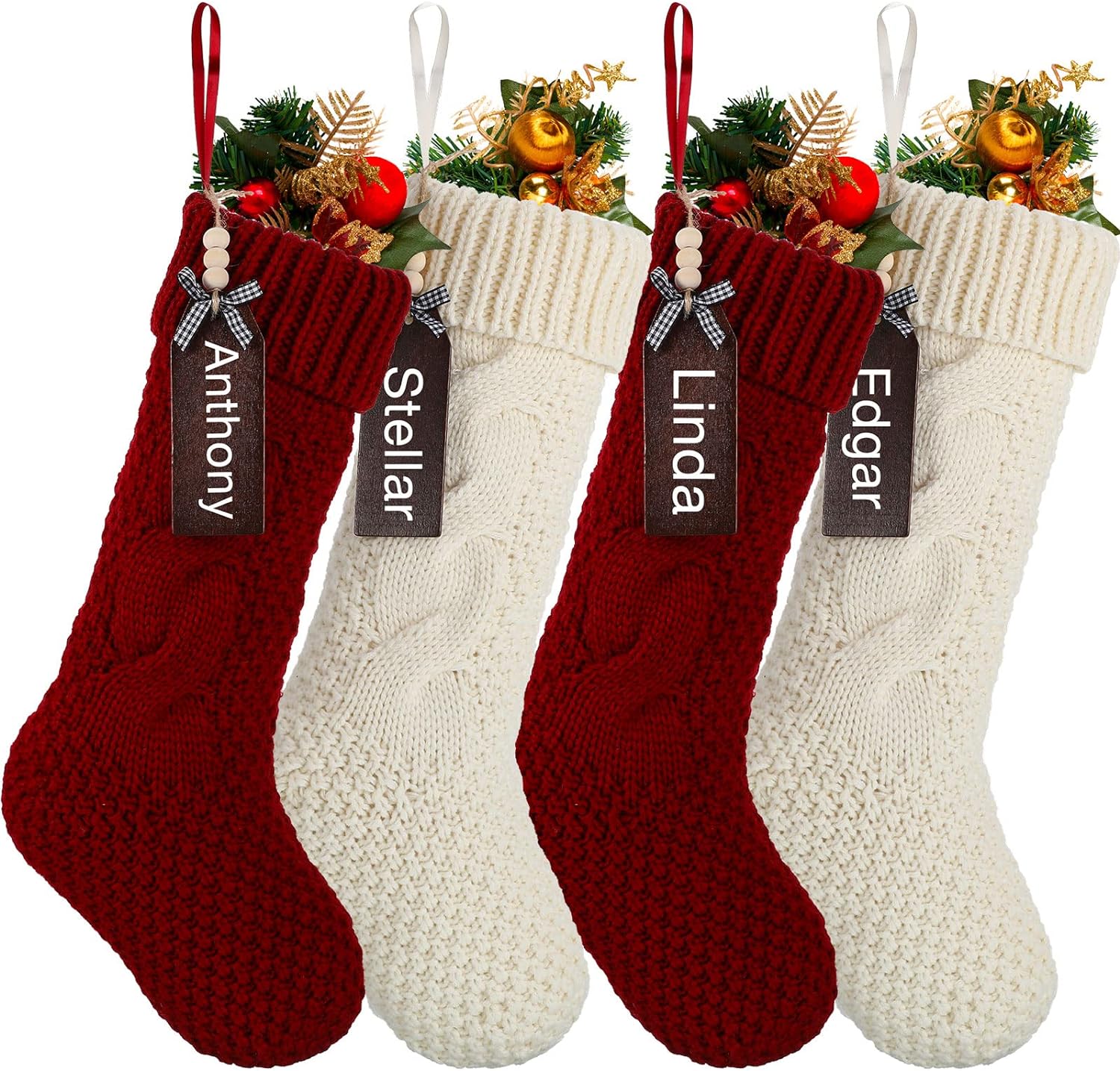 Zubebe 4 Set Knit Christmas Stockings with Name Tags 18 Inch Large Cable Christmas Stockings Decorations Personalized Classic White Burgundy Red for Farmhouse Family Holiday Xmas Party Decor