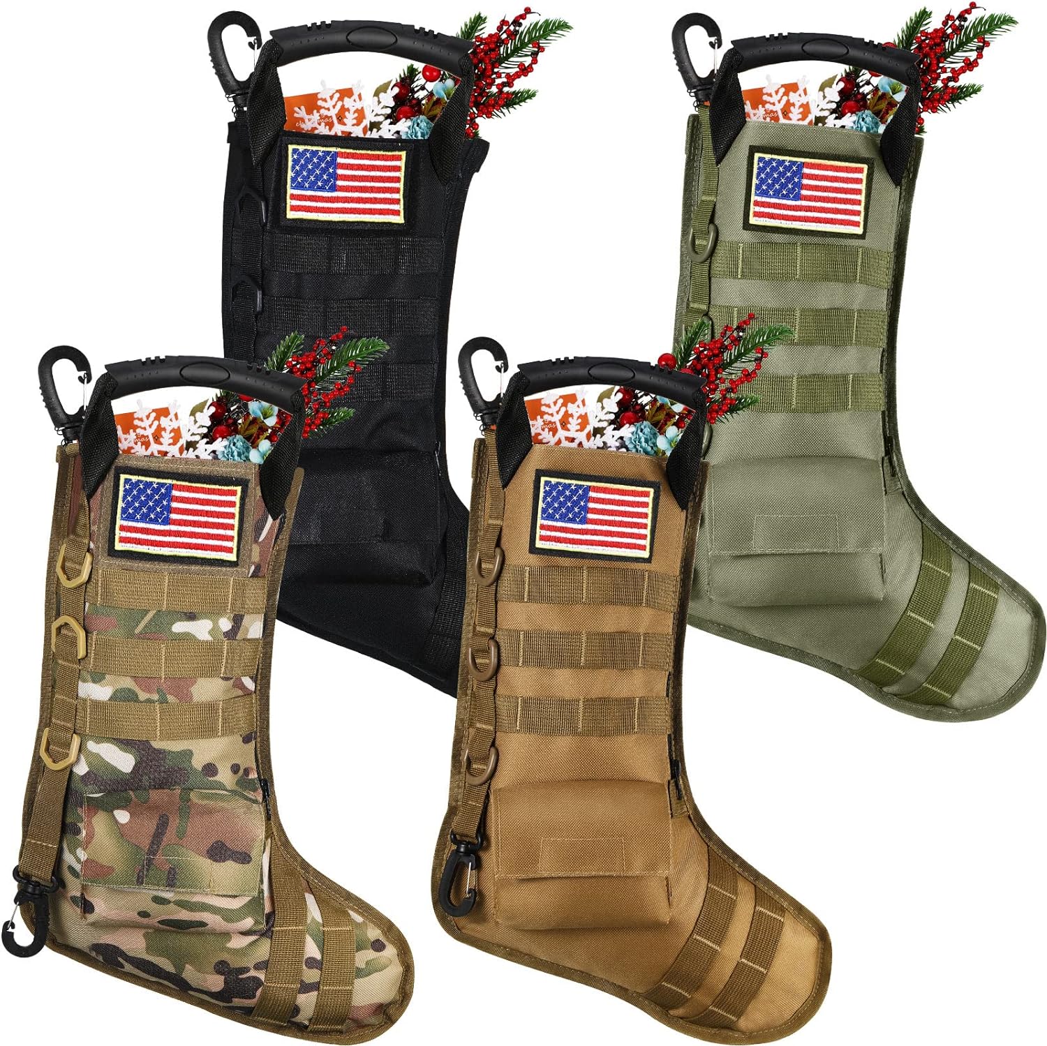 4 Pieces Tactical Christmas Stockings Patriotic Tactical Stockings Military Hanging Christmas Decorations with USA Flag Patch for Xmas Army Veteran Gift Stuffers Filled Ornaments Home Decors (Simple)