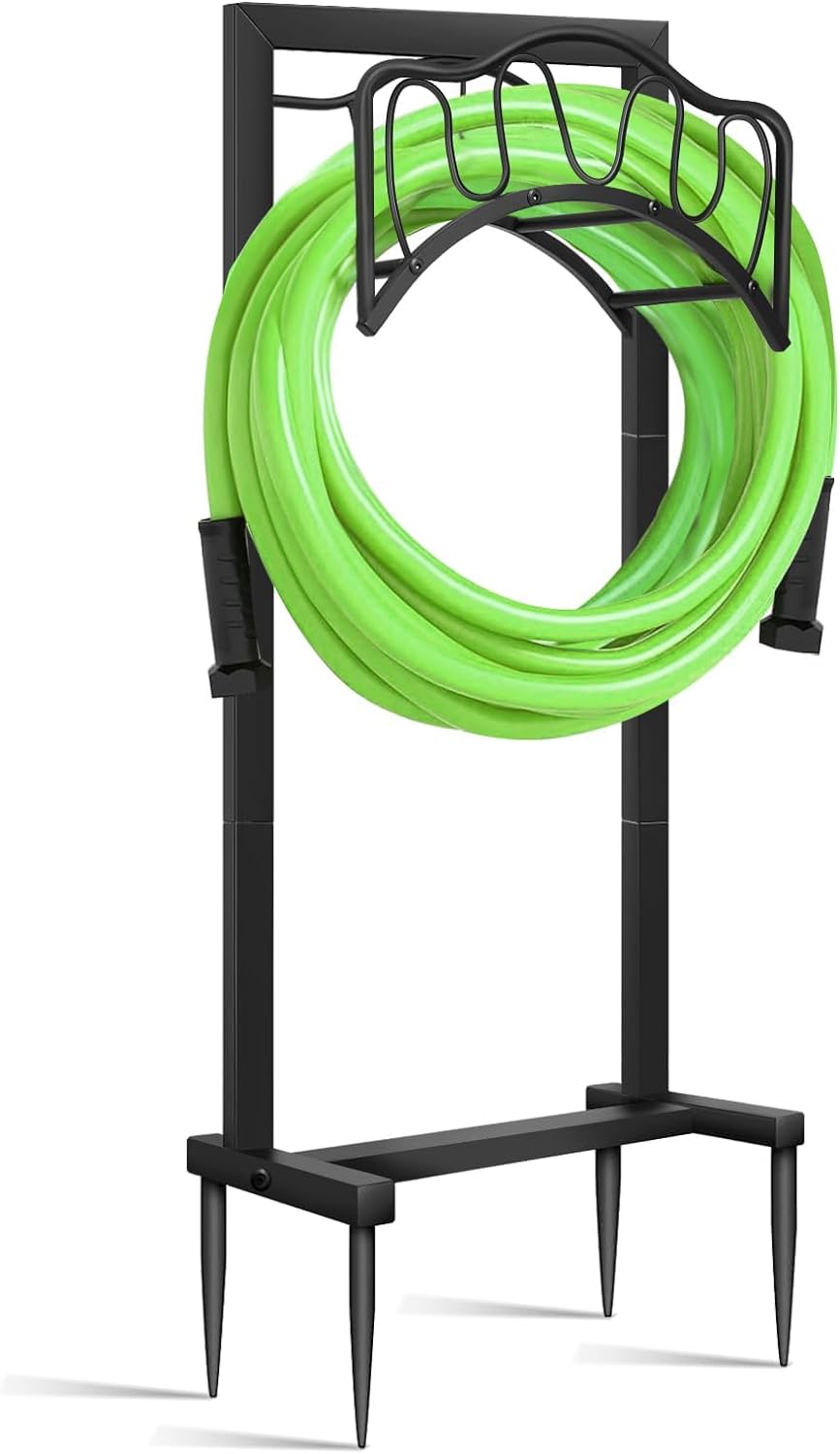 Garden Hose Holder Freestanding - Outdoor Detachable Hose Stand, Hose Hanger and Water Hose Holders for Outside Yard Lawn,Heavy Duty Metal Black Water Hose Storage Holds 150 FT Hose