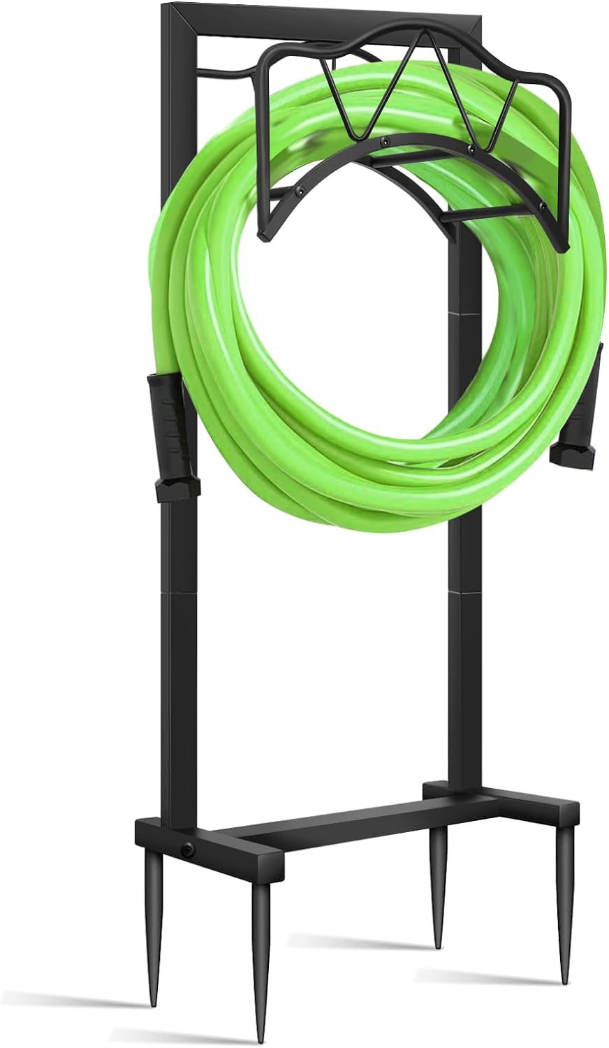 Garden Hose Holder Freestanding Outdoor - Heavy Duty Water Hose Holders for Outside,Metal Hose Stand with 4 Spikers,Hose Hanger Free Standing,Hose Storage for Outside,Holds 150-feet Hose,Black