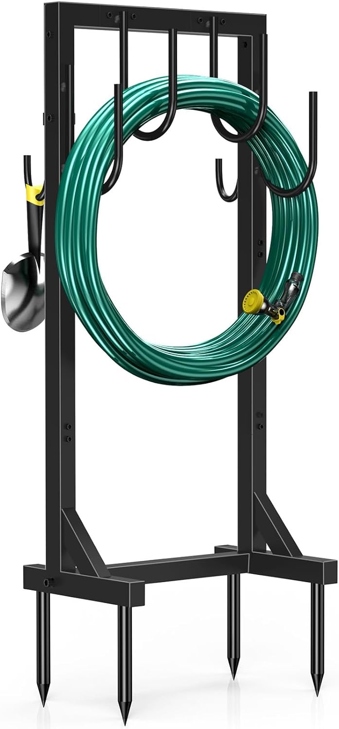 Garden Hose Holder Water Hose Holder with 4 Spikes, Freestanding Hose Hanger Outdoor Hold Stand Heavy Duty 6 Hooks Metal Garden Hose Storage Hose Reel Rack for Outside (Black)