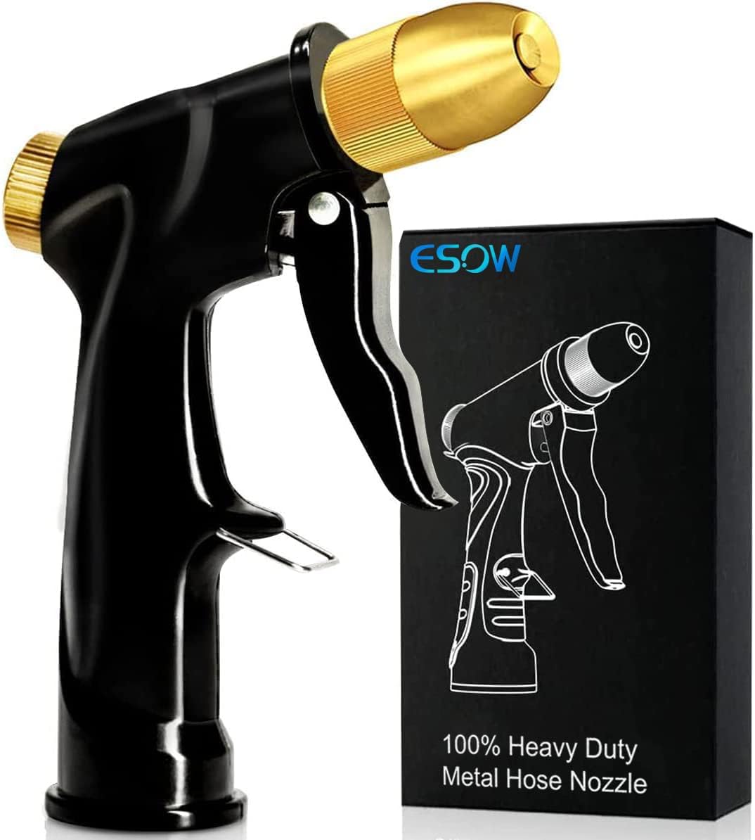 ESOW Garden Hose Nozzle, 100% Heavy Duty Metal Spray Gun with Full Brass Nozzle, High Pressure Watering Nozzle, Adjustable Spray Water Flow for Watering Plants, Showering Pet, Washing Car, Cleaning