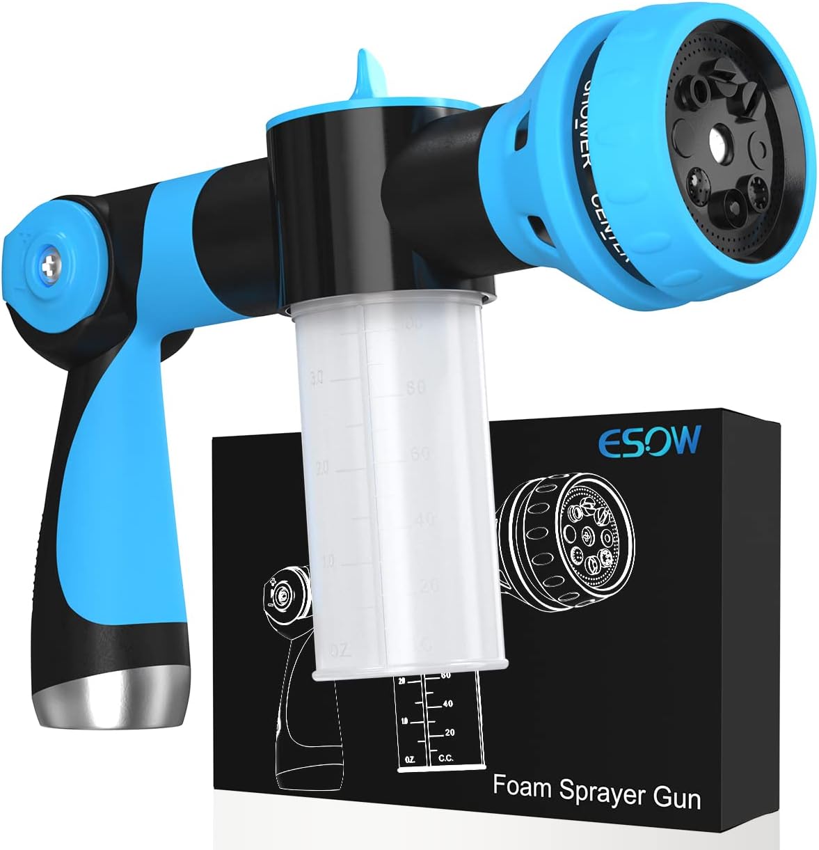 ESOW Garden Hose Nozzle, High Pressure Foam Sprayer Gun 8 Way Spray Pattern with 3.5oz/100cc Soap Dispenser Bottle, Snow Foam Gun for Car Wash, Watering Plants, Lawn, Patio, Showering Pet, Cleaning