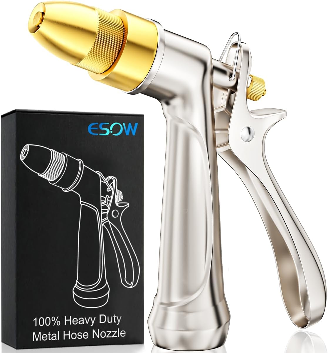 ESOW Garden Hose Nozzle, 100% Heavy Duty Metal Spray Gun with Full Brass Nozzle, 4 Watering Patterns Watering Nozzle- High Pressure Rear Trigger Design for Watering Plants, Car Wash and Showering Dog