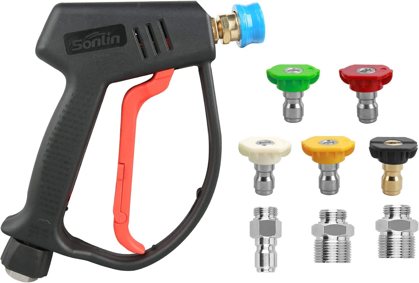 Sooprinse High Pressure Washer Gun 4000psi, High Pressure Spray Gun with 5 Quick Connect Nozzles,G1/4 Quick Connector Outlet with 3 pcs inlet adapters G3/8 quick connector, M22-14mm, M22-15mm Black