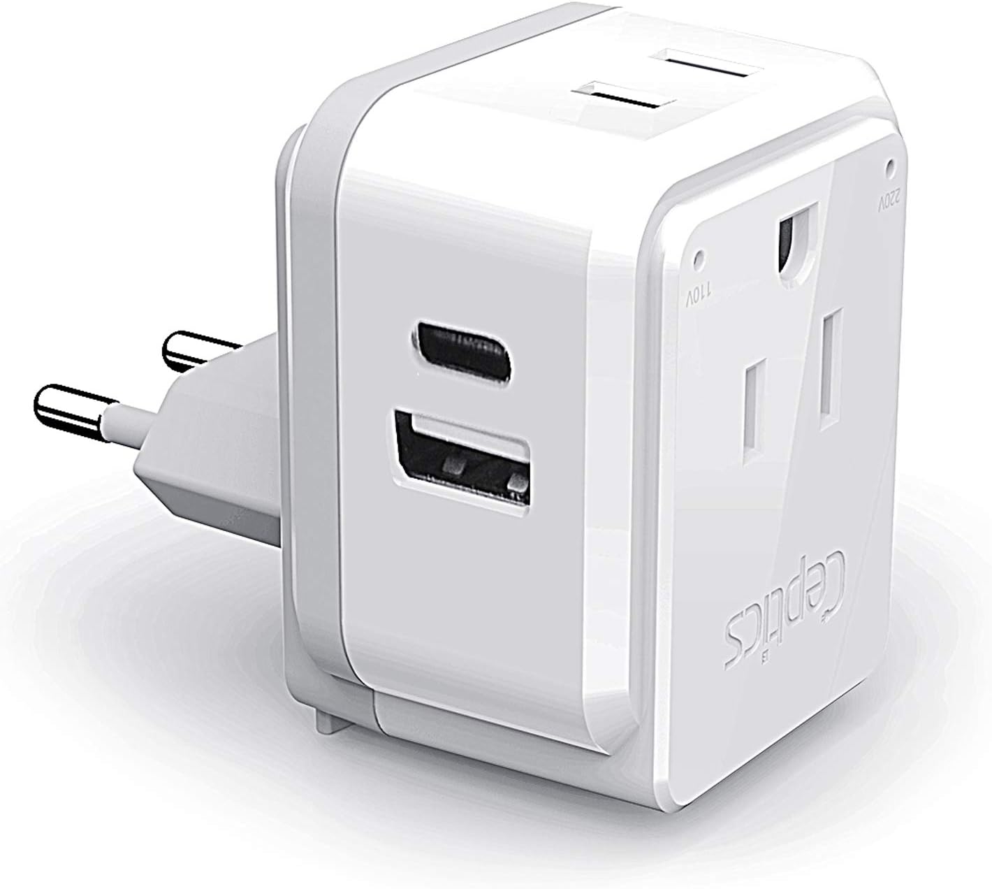 Ceptics Europe Plug Adapter, 20W PD & QC, Safe Dual USB & USB-C 3.1A - 2 USA Outlet - Compact & Powerful - Use Euro, Greece, Italy, Switzerland, Turkey, Portugal - Includes Type C Swadapt Attachment