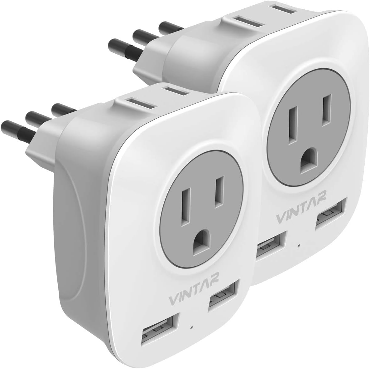 [2-Pack] Italy Travel Power Adapter, VINTAR 3 Prong Grounded Plug with 2 USB and 2 American Outlets, 4 in 1 Outlet Travel Plug Adapter for USA to Uruguay Chile (Type L)