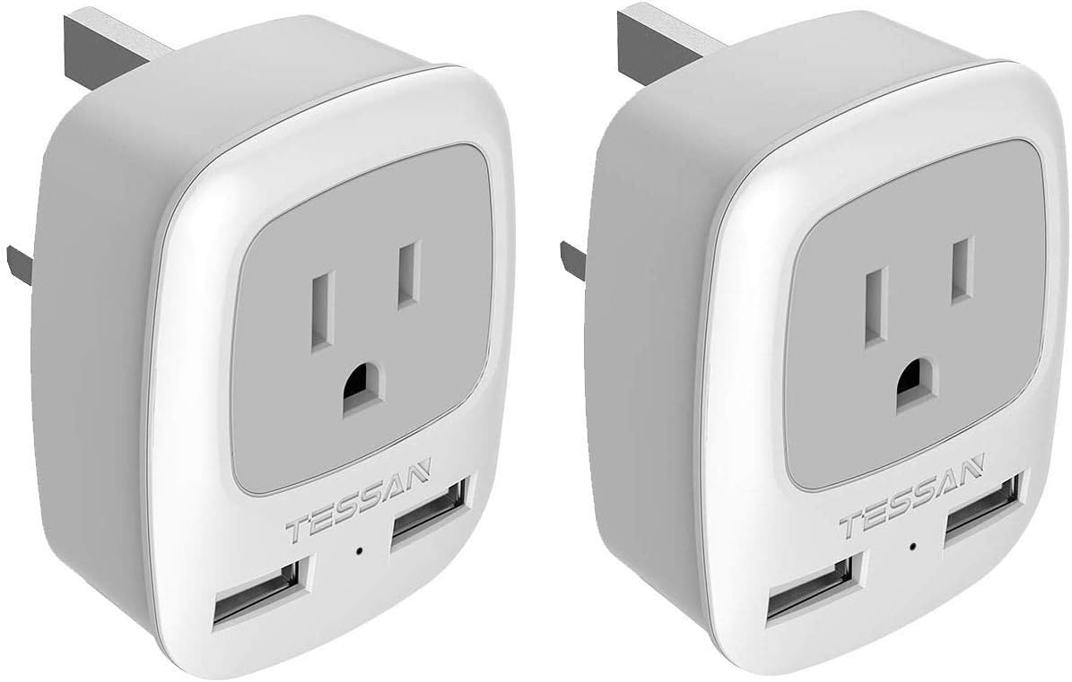 US to UK Ireland Travel Plug Adapter 2 Pack, TESSAN Type G Power Outlet Adaptor with 2 USB for USA to Dubai Scotland British London England Qatar Irish