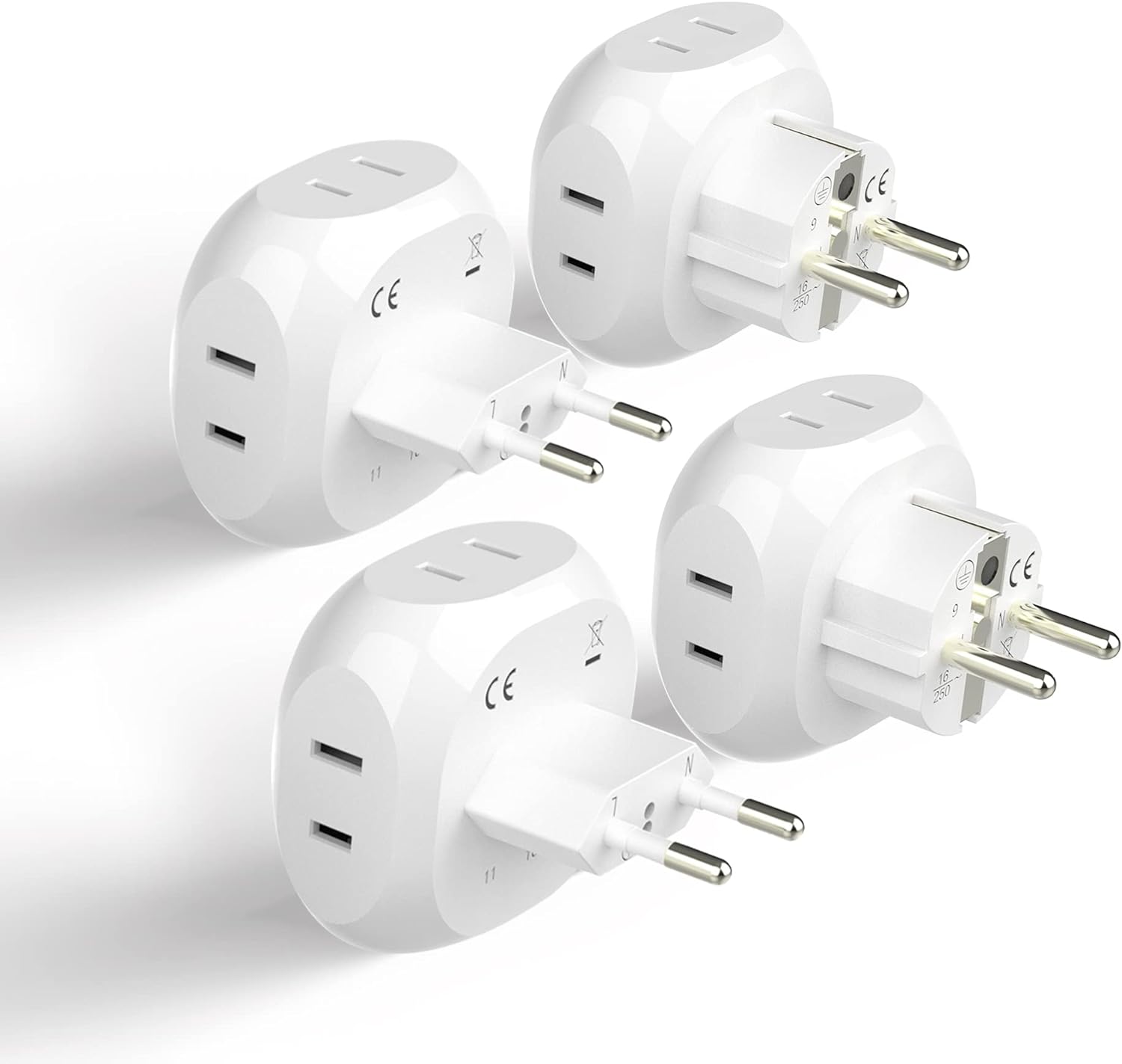 Ceptics Europe Travel Adapter Plug Set Schuko - 4 Input - Ultra Compact - Light Weight Type C, Type E/F - USA to Any Type C E/F Countries Such as Germany, France- 4 Pack (PT-9-9C-4PK),White