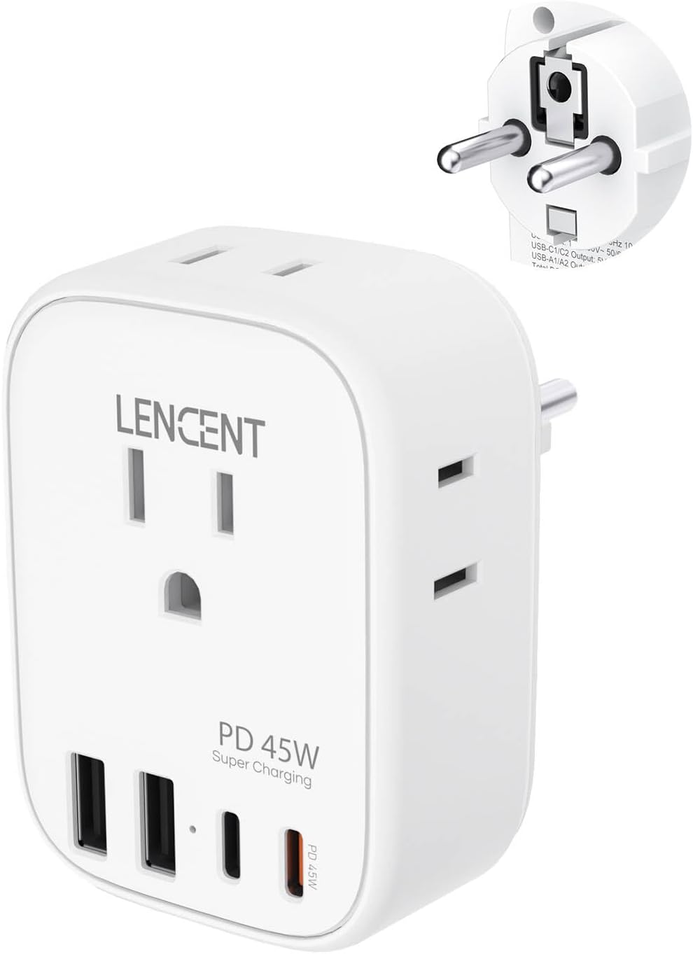 LENCENT Germany France Travel Power Adapter, PD 45W USB C Fast Charger Adaptor, Schuko Type E F Plug Adaptor with 4 Outlet, Essentials for US to Europe EU Spain Greece Russia German