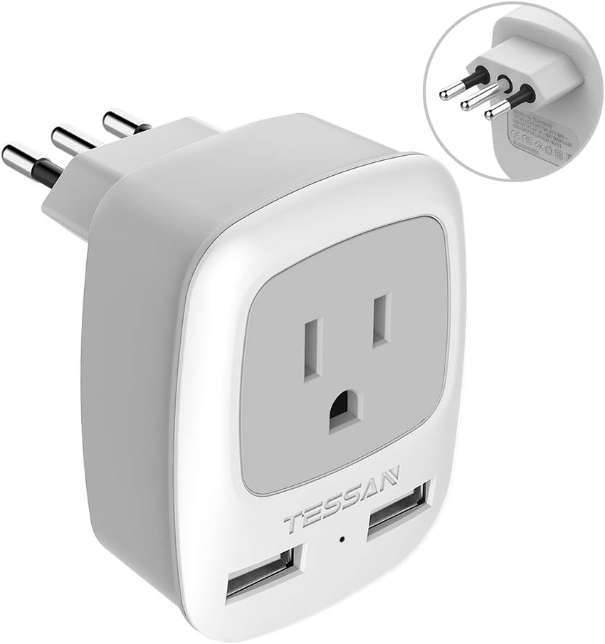 TESSAN Italy Travel Power Adapter, 3 Prong Grounded Plug with Dual USB Charging Ports, Type L Outlet Adaptor Charger for USA to Italy Uruguay Chile Italian