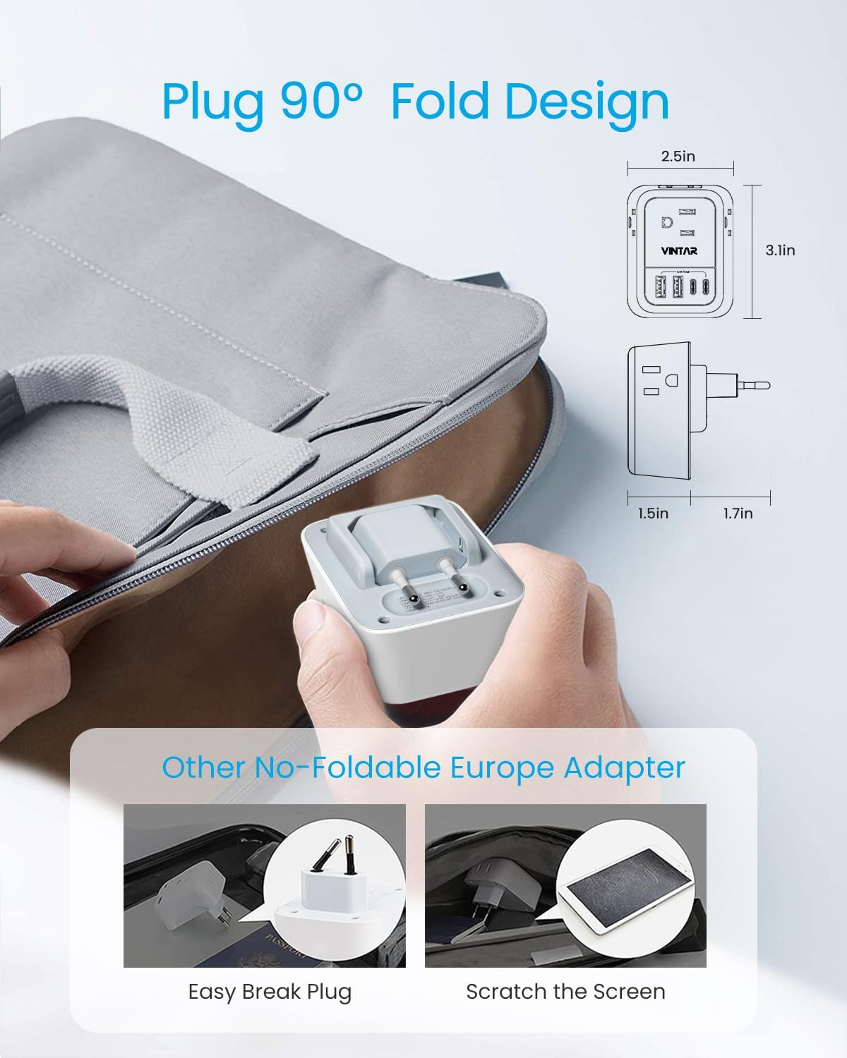 [2-Pack] European Travel Plug Adapter, VINTAR Foldable International Travel Adapter with 4 Outlets 4 USB Ports(2 USB C), 8 in 1 Type C Travel Essentials Charger for US to Most of Europe Spain France