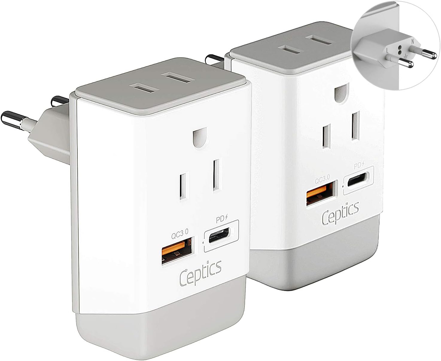 Ceptics 2 Pack European Travel Plug Adapter, US to Europe Plug Adapter, 18W PD-QC 3.0, Dual USB & USB-C - 2 USA Socket - Compact - Use in Greece Italy Turkey Portugal - Type C Fast Charging (2-Pack)