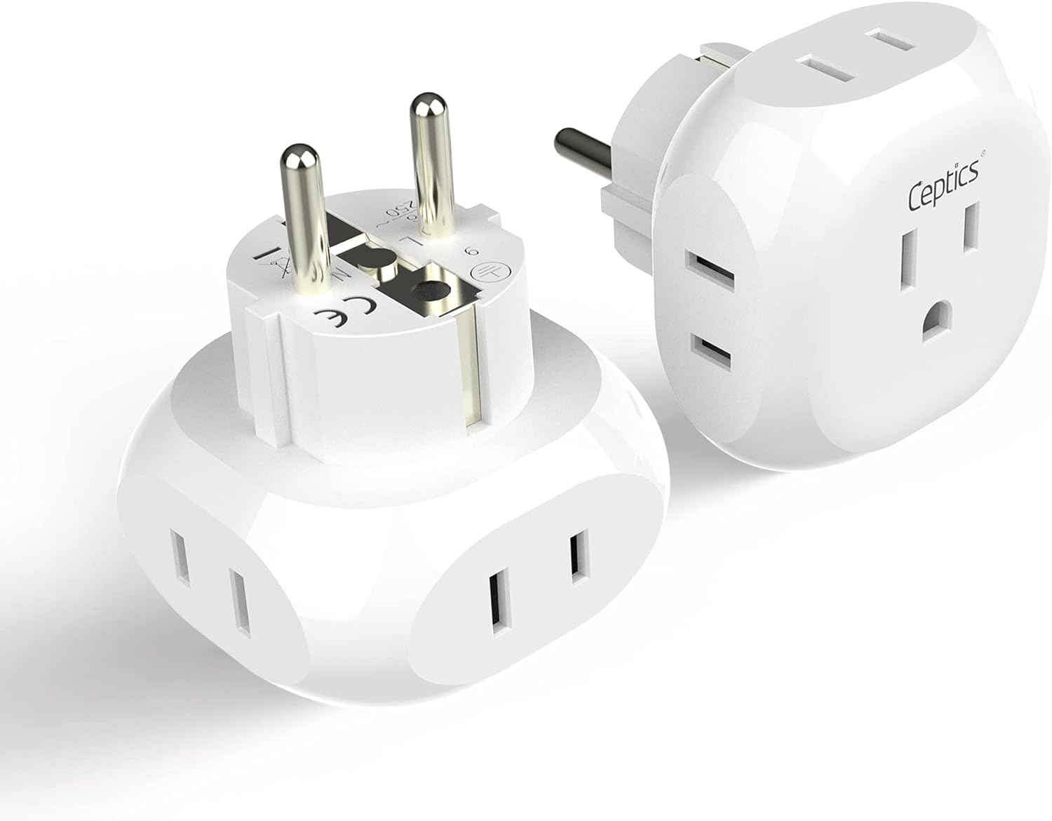 Ceptics European Schuko Travel Plug Adapter Germany France Adapter Charger 4 Input - USA to Any Type E/F Countries Such as Germany, France and More - 2 Pack (PT-9), White