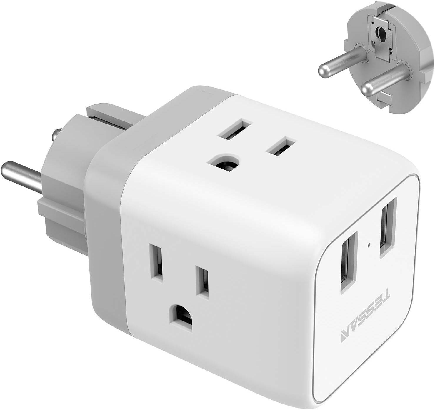 TESSAN Type E F Plug Adapter, France Germany Power Adapter with 2 USB 3 American Outlets, Schuko European Travel Plug Adaptor for US to Europe German Frence Iceland Spain Russia Poland EU