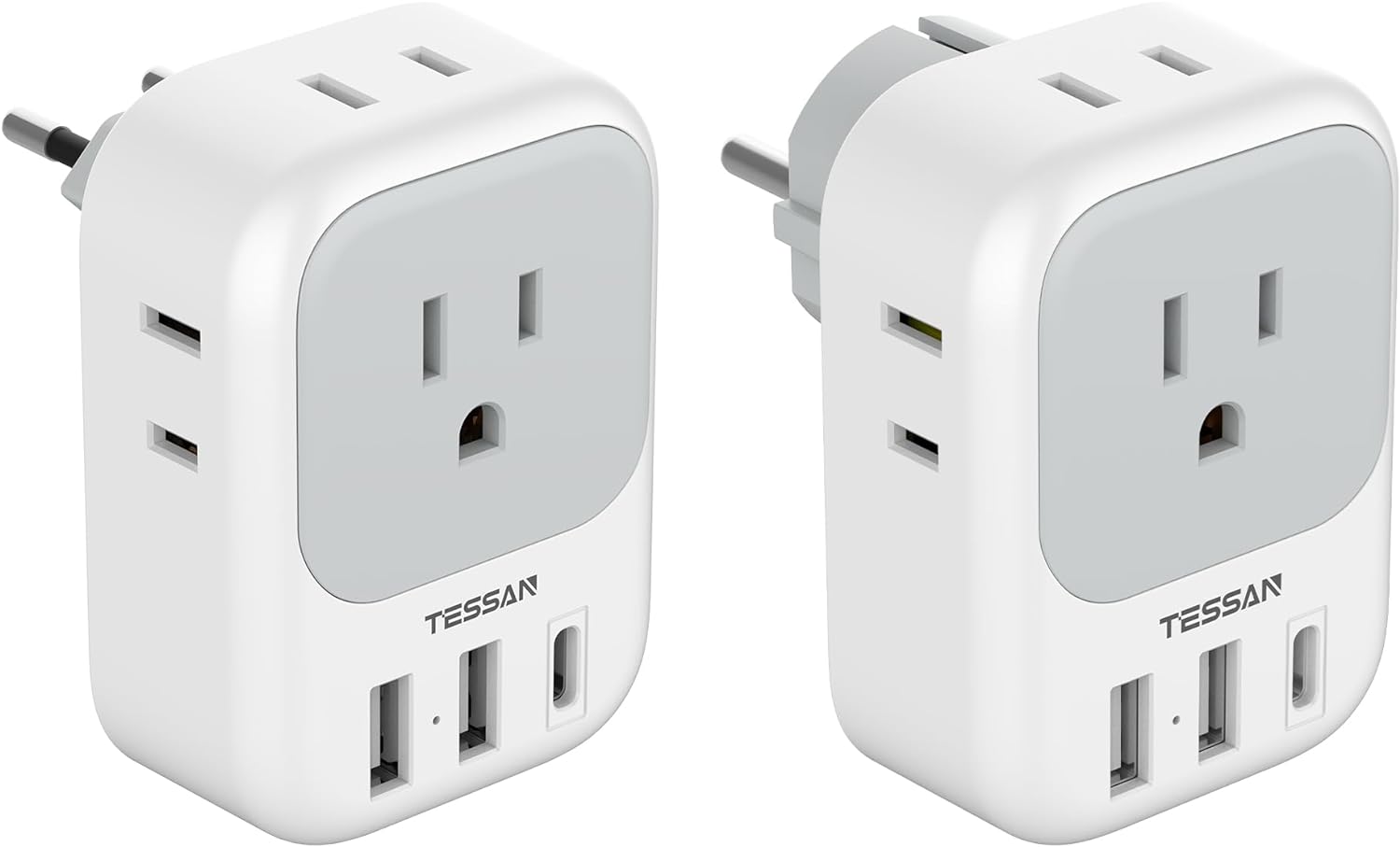 European Travel Plug Adapter, TESSAN US to Germany France Travel Plug with 4 AC Outlets and 3 USB Ports(1 USB C) Ports, Type C/E/F Power Adaptor for USA to Europe EU Spain Iceland Korea Russia