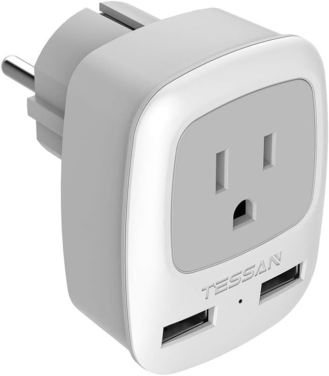 TESSAN Germany France Travel Power Adapter, Schuko European Plug with 2 USB, Type E F Outlet Adaptor Charger for US to Europe EU German French Russia Iceland Spain Greece Norway Korea