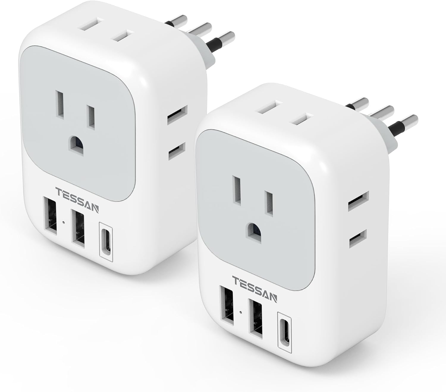 Italy Travel Plug Adapter 2 Pack, TESSAN Italy Power Adapter with 4 Outlets 3 USB Charger (1 USB C Port), Type L Adapter for US to Italy Chile Ethiopia Libya Syria Tunisia Uruguay