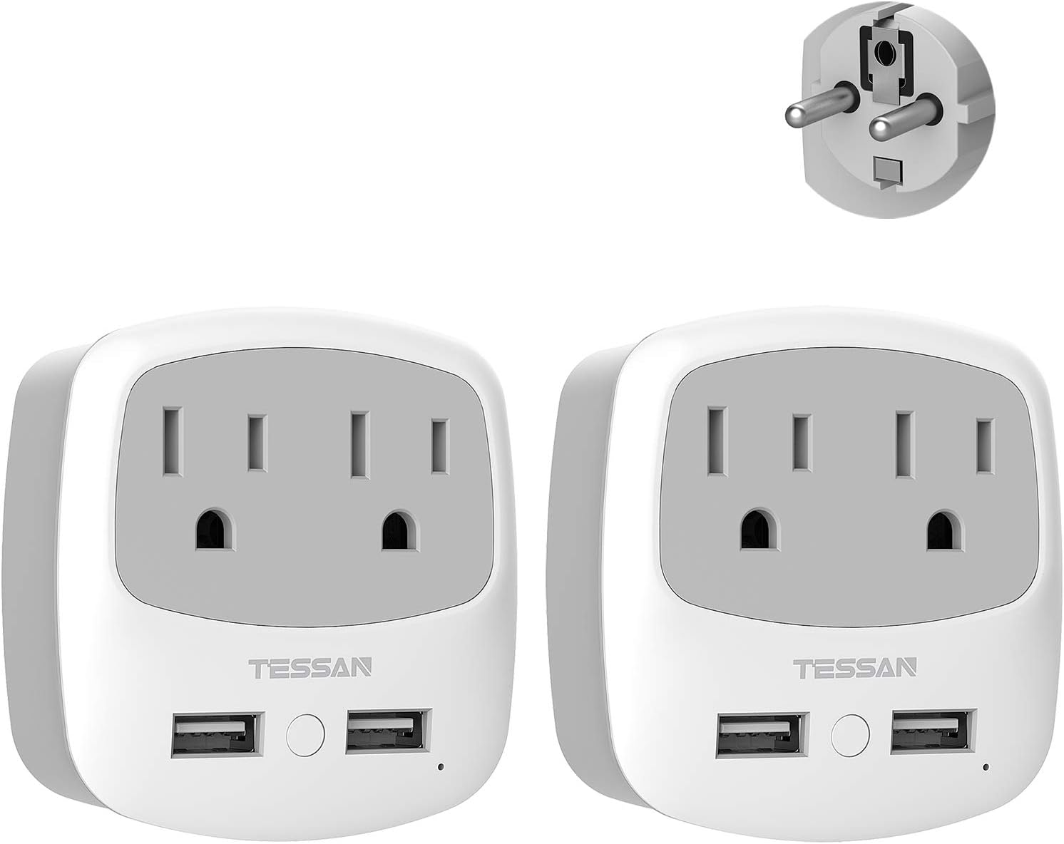 TESSAN Germany France Power Adapter, Schuko Type E/F Plug Adaptor with 2 USB Ports 2 AC Outlets, US to Europe German Frence Spain Iceland Russia Greece Korea Electrical Charger(2 Pack)