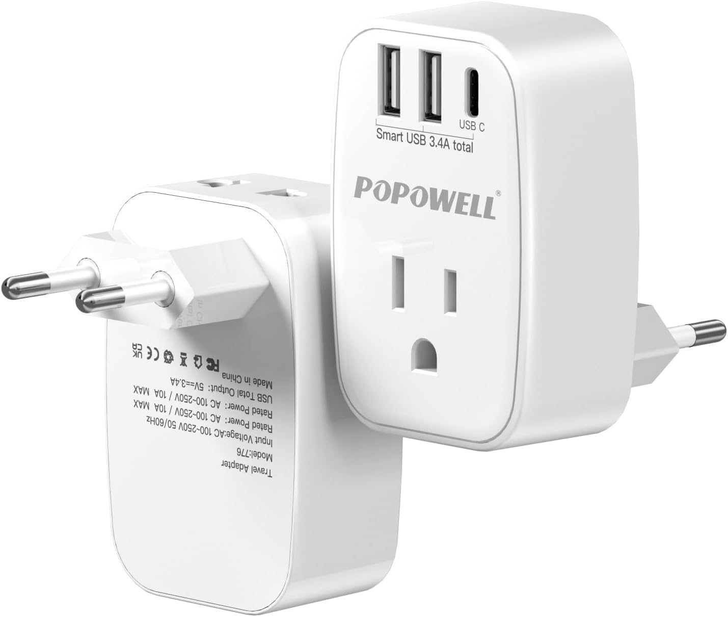 2 Pack European Travel Plug Adapter USB- International Plug Adapter with 2 Outlets 3 USB Charger(1 USB C), Type C Travel Adapter Worldwide for US to Spain Italy France Greece Iceland Germany.