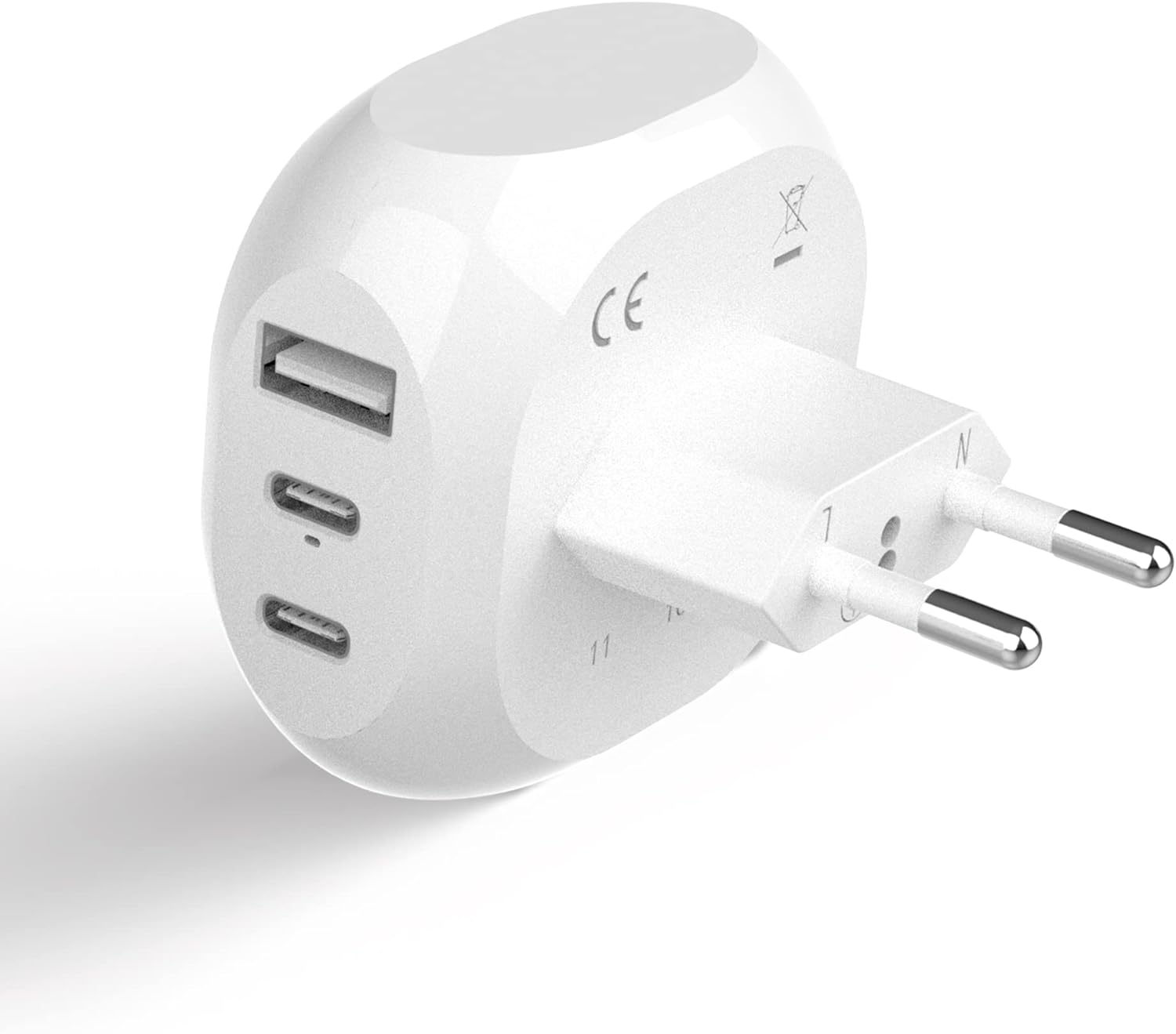 Ceptics European Travel Plug Adapter - 5 Input with 20W PD-QC 3.1A Dual USB-C and USB - Light Weight - USA to Any Type C Countries Such as Italy, Iceland, Austria and More (PTU-9C), White