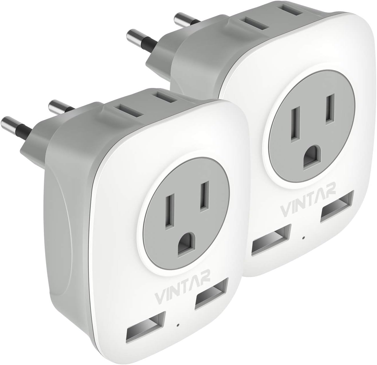 [2-Pack] European Travel Plug adapter, VINTAR International Power Plug Adapter with 2 USB Ports,2 American Outlets- 4 in 1 Outlet Adapter,Travel Essentials to Italy,Greece,France, Spain (Type C)