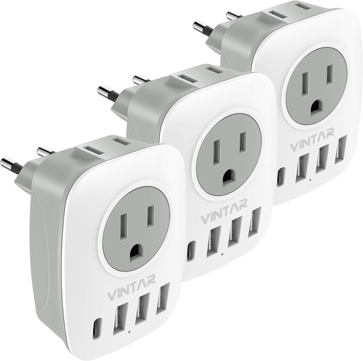 [3-Pack] European Travel Plug Adapter, VINTAR International Power Plug Adapter with 2 American Outlets, 1 USB C and 3 USB Ports, 6 in 1 Travel Essentials to France, German, Italy, Spain (Type C)