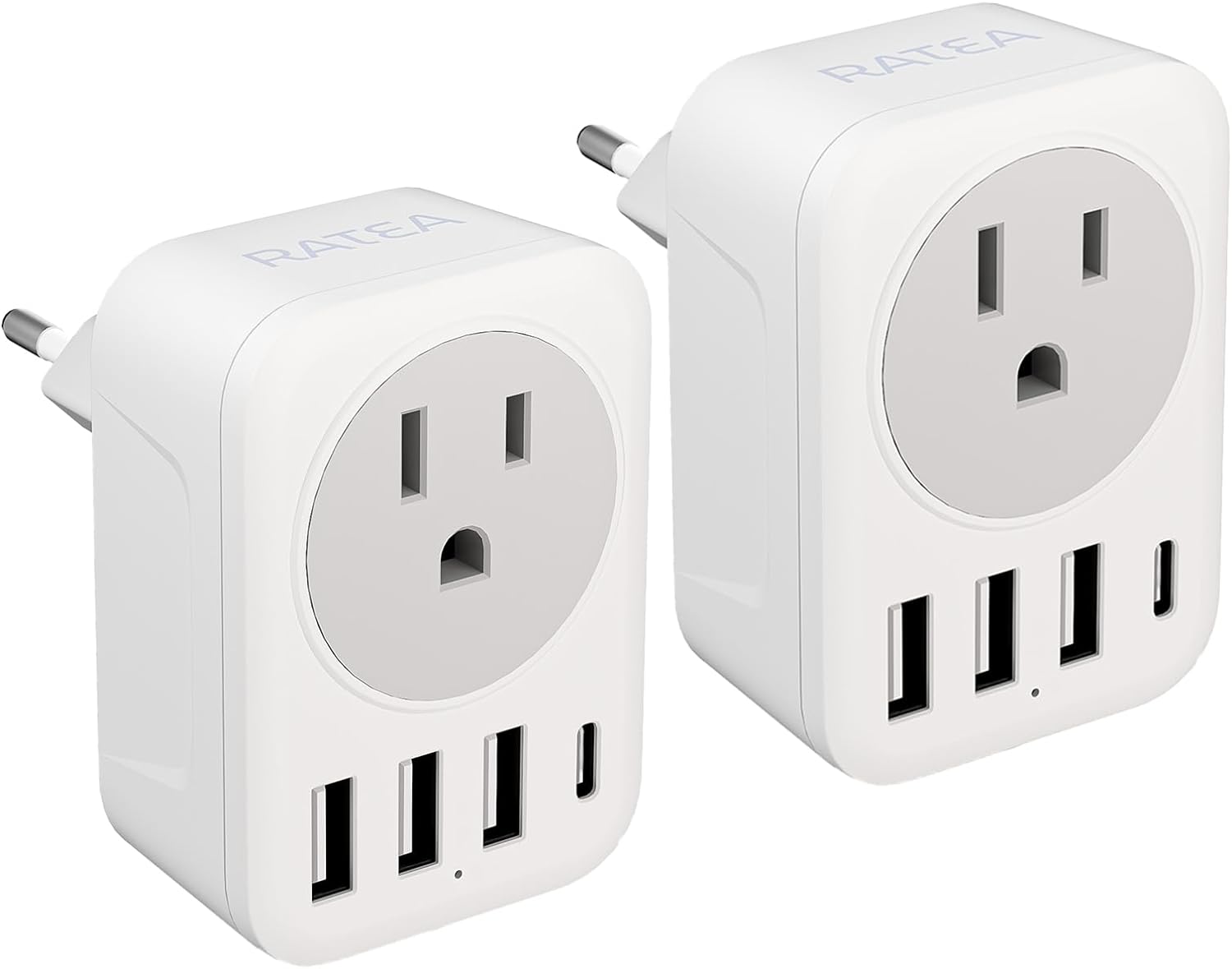 [2-Pack] European Travel Plug Adapter, RATEA International Power Plug Adapter with 3 USB Type A, 1 Type C Outlet Adaptor Charger for US to Most of Europe EU Spain Italy France Germany