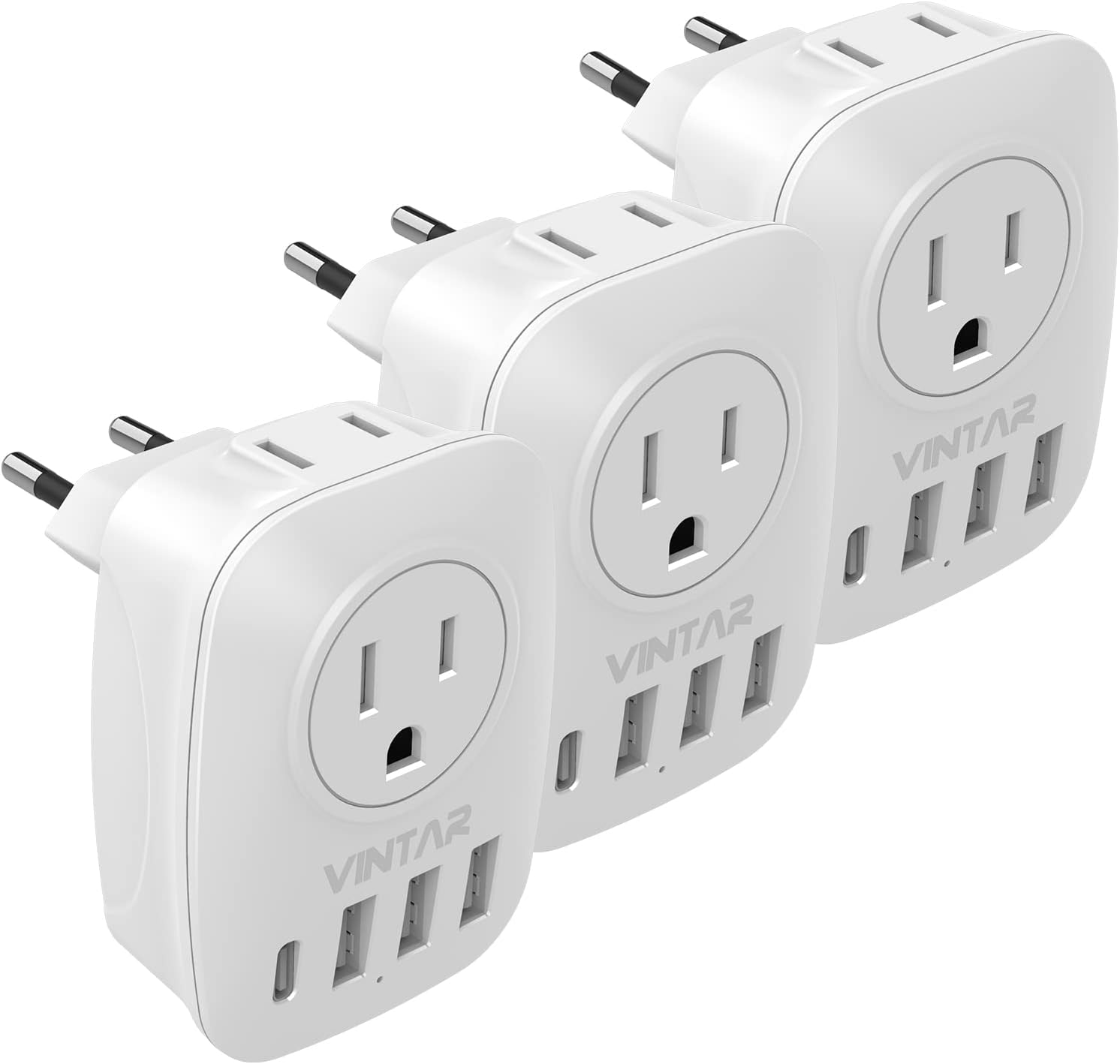 [3-Pack] European Travel Plug Adapter, VINTAR International Power Plug Adapter with 2 Outlets, 3 USB and 1 USB-C, 6 in 1 Travel Essentials for US to Most of Europe EU Italy France Spain Greece, Type C