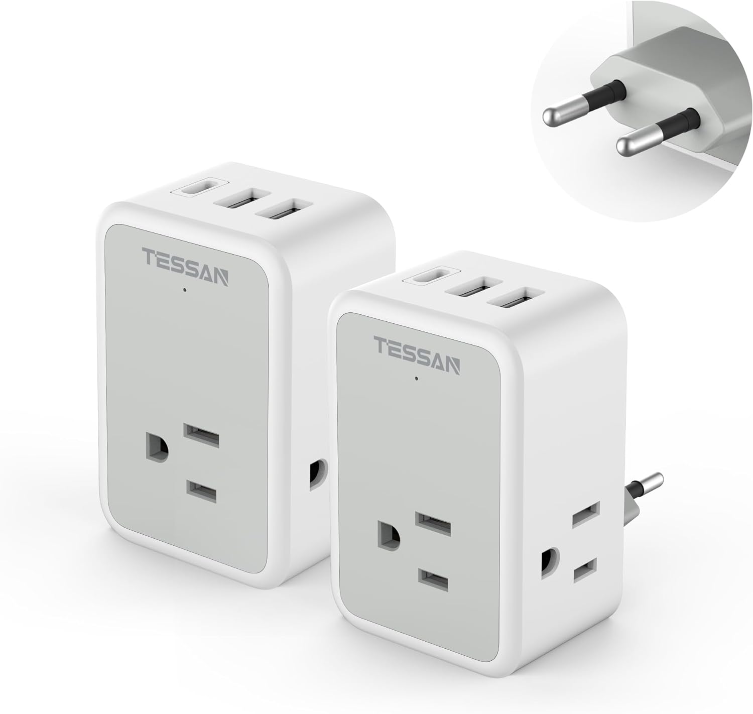 2 Pack European Travel Plug Adapter, TESSAN US to Europe Power Converter with 3 Outlets 3 USB Charging Ports(1 USB C), Type C Plug Adaptor for USA to Most of EU Germany Iceland Spain Italy France