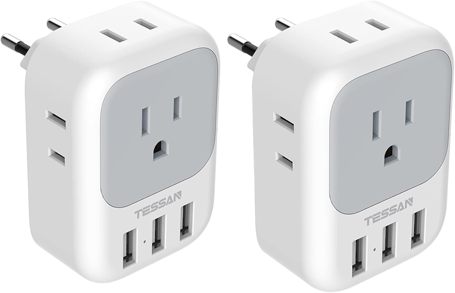 TESSAN European Travel Plug Adapter 2 Pack, US to Europe Power Adapter with 4 AC Outlets and 3 USB, Euro Charger Adaptor Type C for USA to EU Spain France Iceland Italy Germany Greece