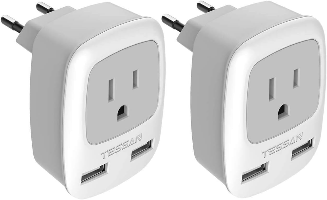 European Travel Plug Adapter 2 Pack, TESSAN International Power Outlet Adaptor with 2 USB, Type C Charger from USA to Most of Europe EU Spain Iceland Germany France Italy Israel