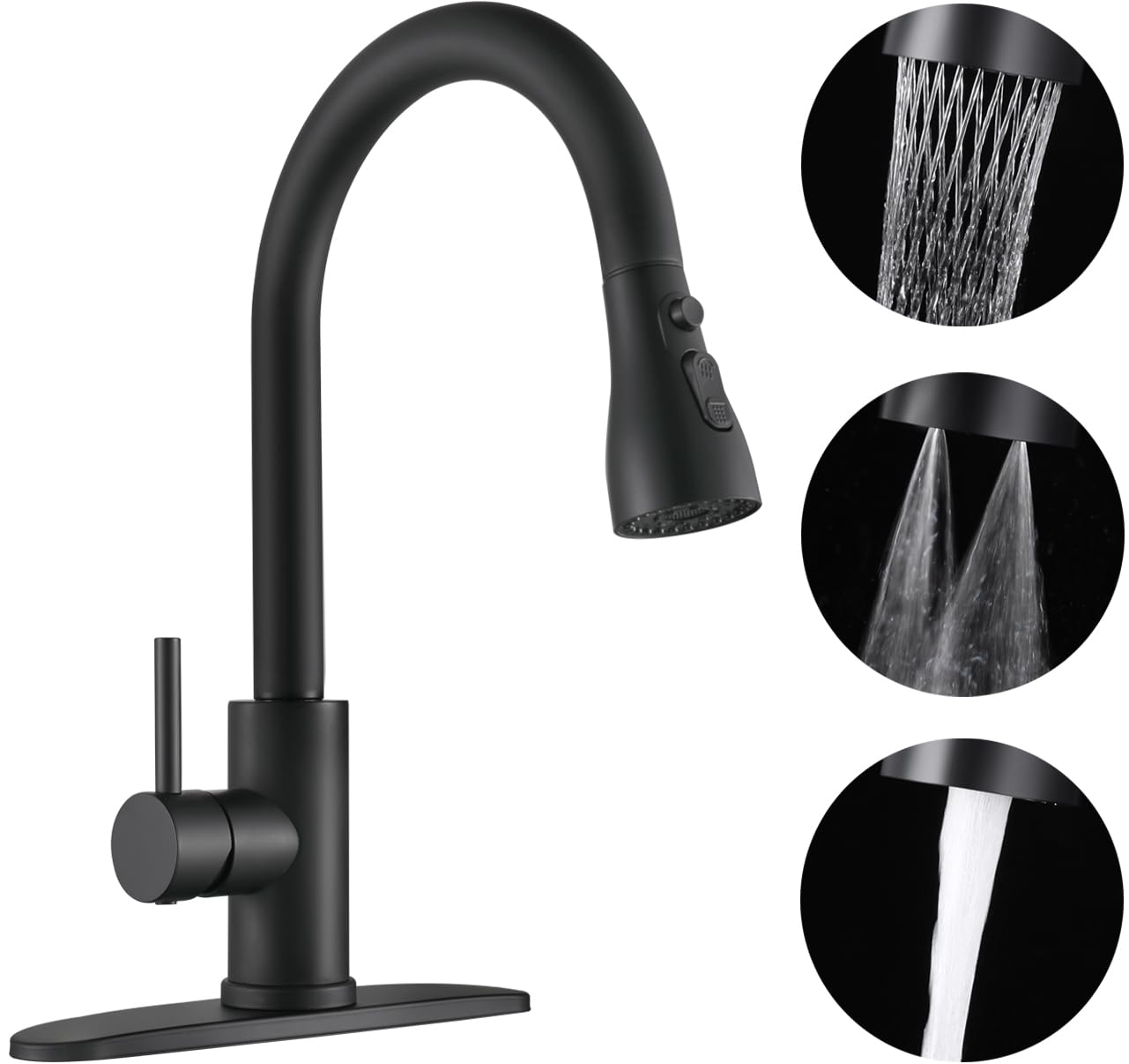 ESOW High Arc Kitchen Faucet with Pull Down Sprayer, Single Handle Kitchen Sink Faucet with Deck Plate, 3 Function Watering Modes Commercial Modern rv, SUS304 Stainless Steel Matte Black Finish