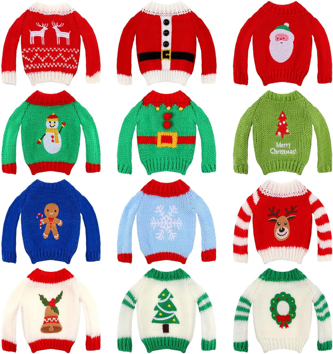 12 Pieces Christmas Elf Accessories Clothes, Christmas Elf Doll Sweater, Elf Doll Knitted Clothing with Santa Xmas Tree Elk Snowman Print for Christmas Doll Outfit Accessory Decor, 12 Styles (Cute)