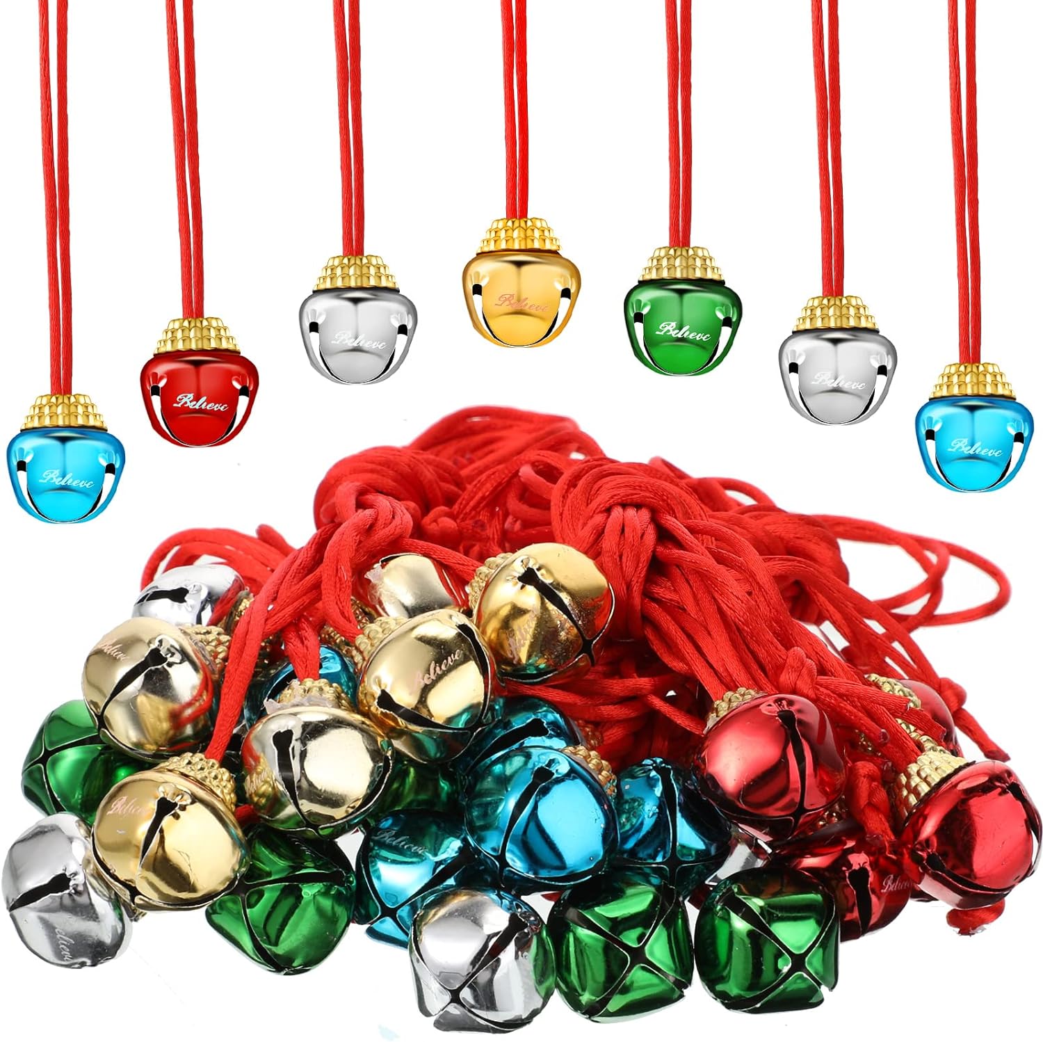 Zubebe 120 Pcs Christmas Bell Necklaces Believe Large Bell Necklaces Holiday Christmas Necklace for Kids Women Costume Craft Party Supplies