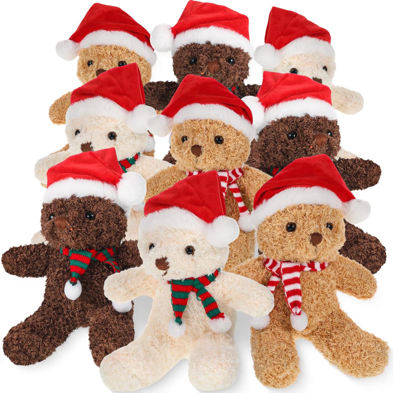 9 Pcs 9 Inch Christmas Bear Plush Bear Stuffed Animal Toys Santa Bear with Santa Hat Scarf Xmas Bears Preschool Stuffed Animals Toys for Christmas Boy Girl Birthday Gifts, 3 Colors (Long Leg Style)