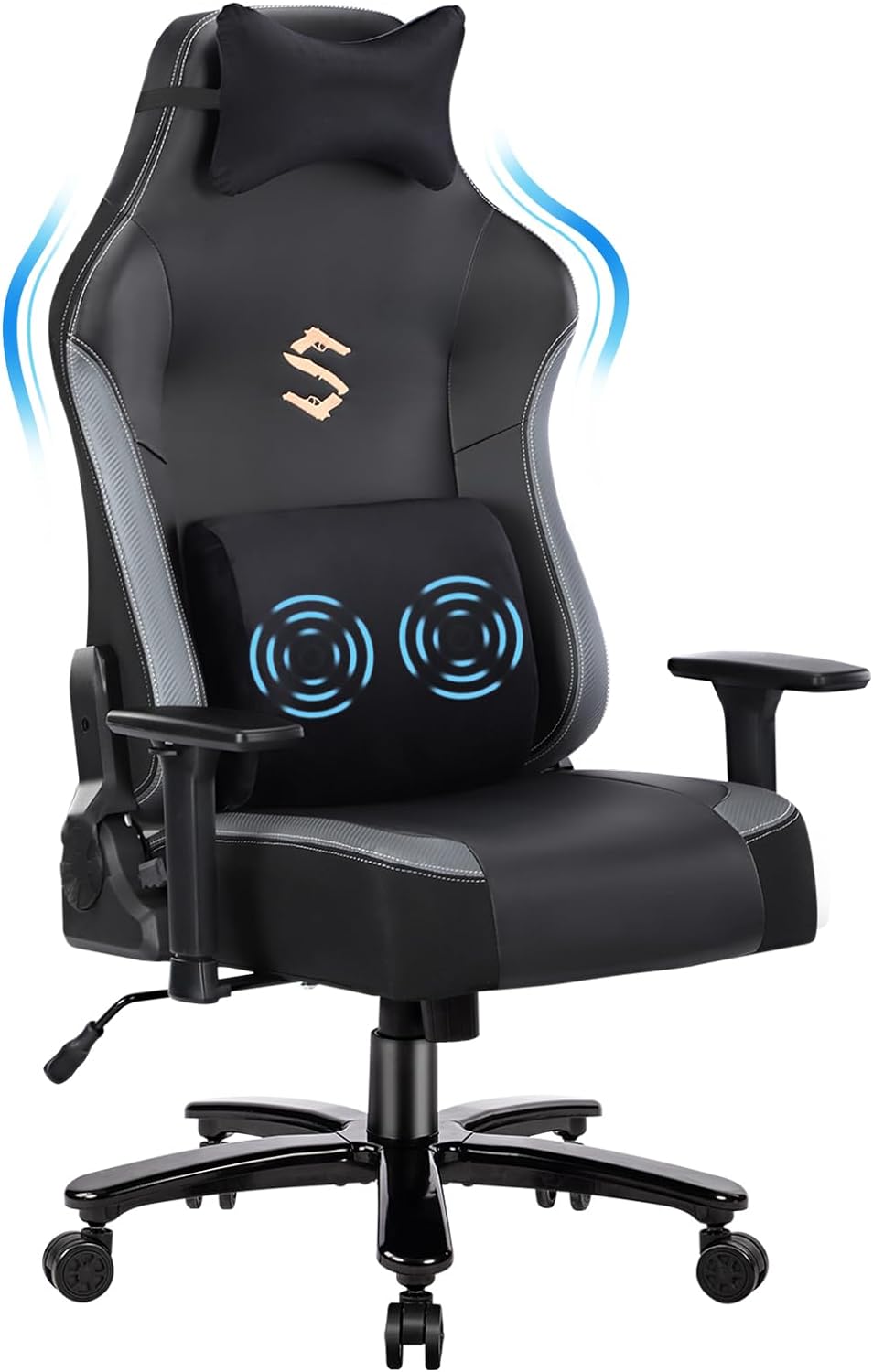 Fantasylab Big and Tall Gaming Chair 400lbs Gaming Chair with Massage Lumbar Pillow, Headrest, 3D Armrest, Metal Base, PU Leather