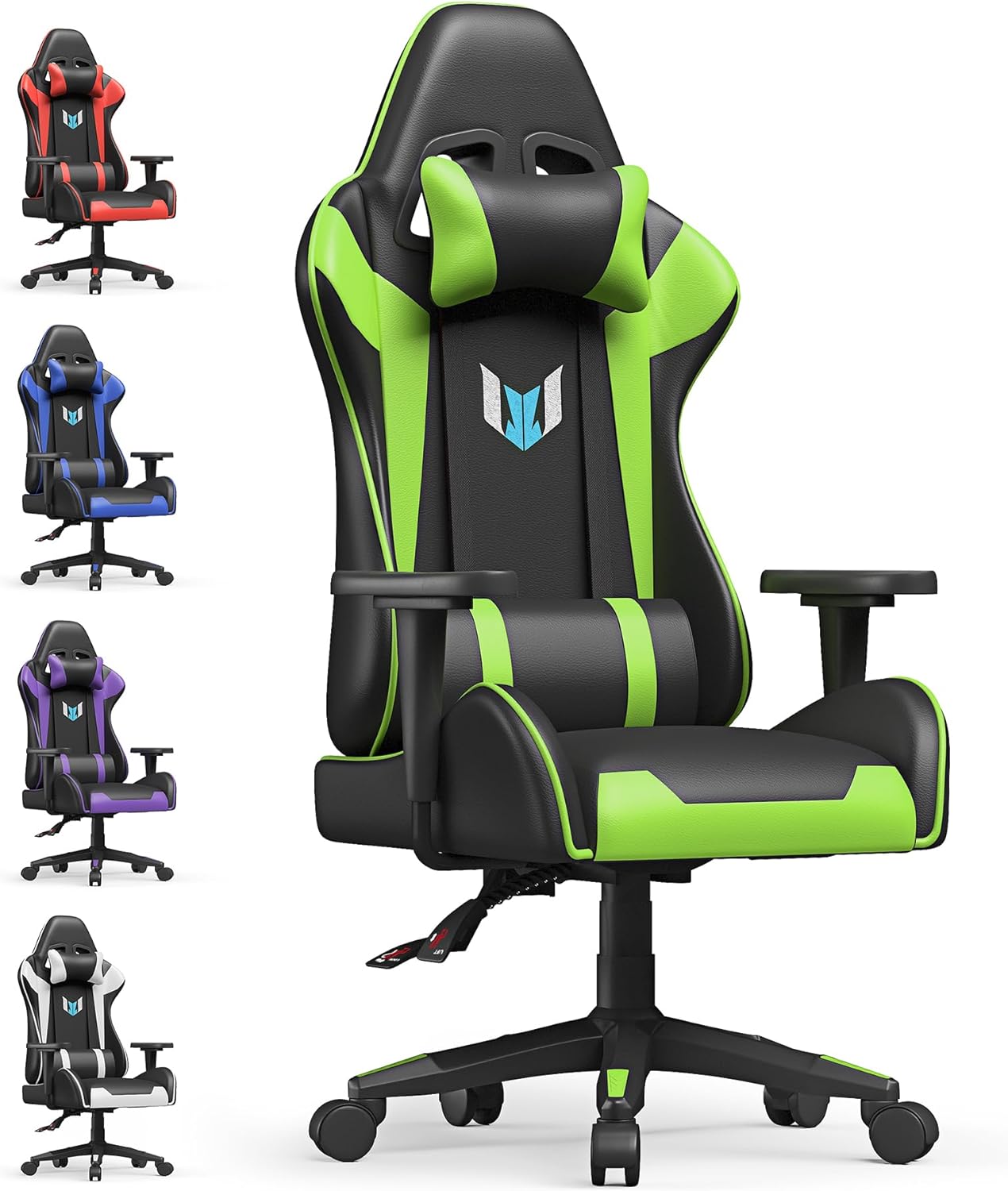 Bigzzia Gaming Chair Ergonomic Office Chair Adjustable Height Swivel Desk Chair Reclining Computer Chair Racing Style Leather Video Gamer Chair with Lumbar and Headrest Support (Black/Green)