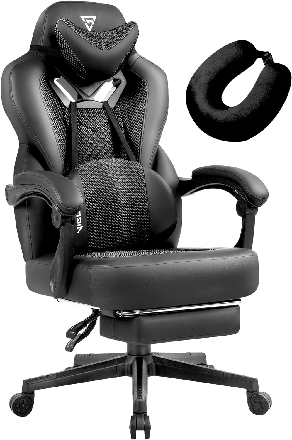 Gaming Chair with Footrest, Mesh Chair for Heavy Adults, Big and Tall PC Chair with Massage (Black)