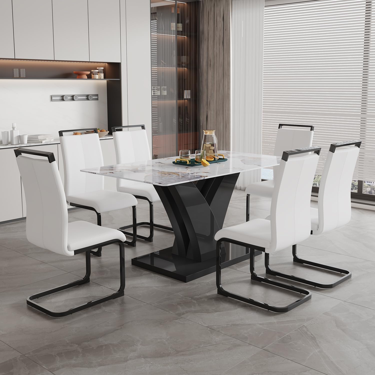 Modern Kitchen Table Set for 6,Dining Room Table Set,67'' Rectangular Large Glass Dinner Table and 6 White PU Chairs, Marble Texture Kitchen & Dining Room Sets,Ideal for Living Room