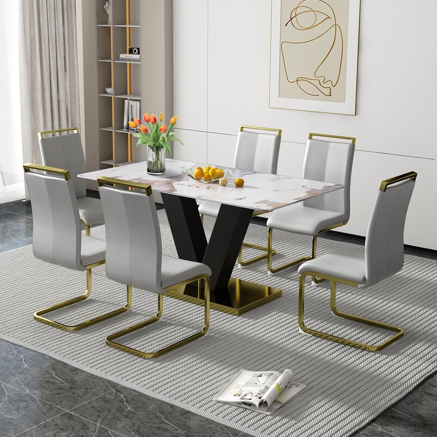 Dining Table Set for 6,Modern Marble Dining Table Set,71'' Rectangular Large Glass Dinner Table and 6 LightGrey PU Chairs,Faux Sintered Stone Dining Table Set,Gold Table Set for Living Room