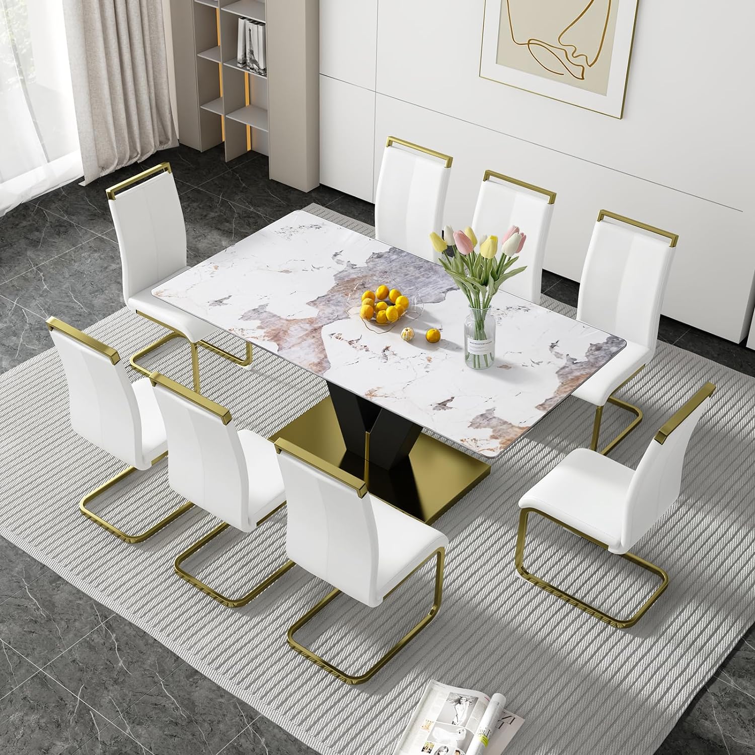 Modern Dining Table Set for 8,Marble Dining Table with 8 White PU Leather Dining Chairs,71'' Glass Dining Table Set Ideal for Living Room Kitchen Dining Room