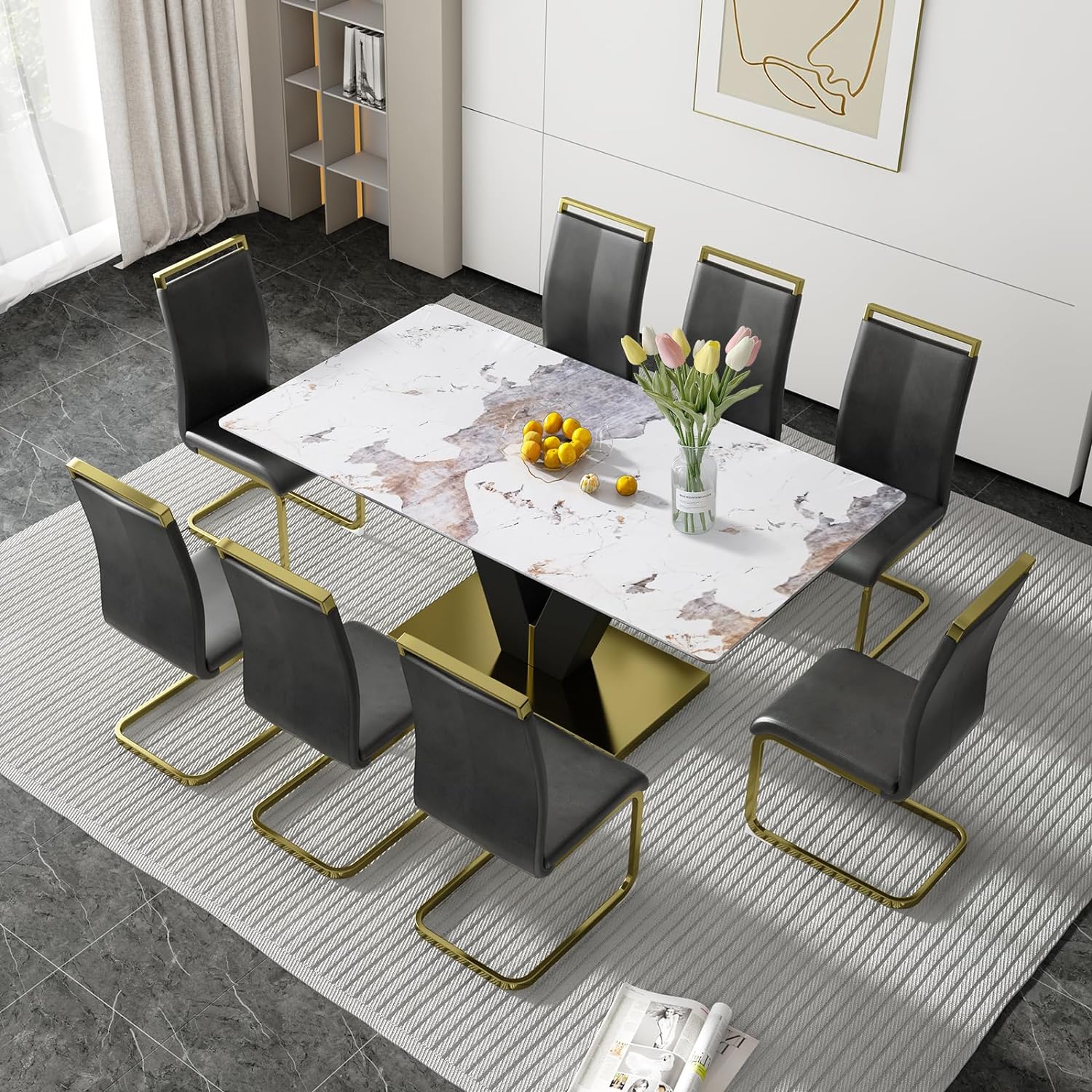 Dining Table Set for 8,Modern Marble Dining Table Set,71'' Rectangular Large Glass Dinner Table and 8 Grey PU Chairs,Faux Sintered Stone Dining Table Set,Gold Table Set for Living Room