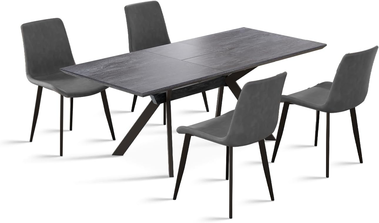 Extendable Dining Table Set for 6-8 Seat, Rectangular Solid Slate Stone Top with 6 Faux Leather Dining, Modern Kitchen Table with Extension Leaf, Extendable 55'' to 71'' for Kitchen Restaurant